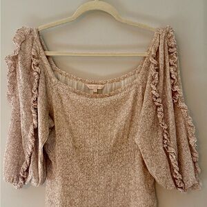 Rebecca Taylor light pink and cream smocked ruffle puff sleeve blouse